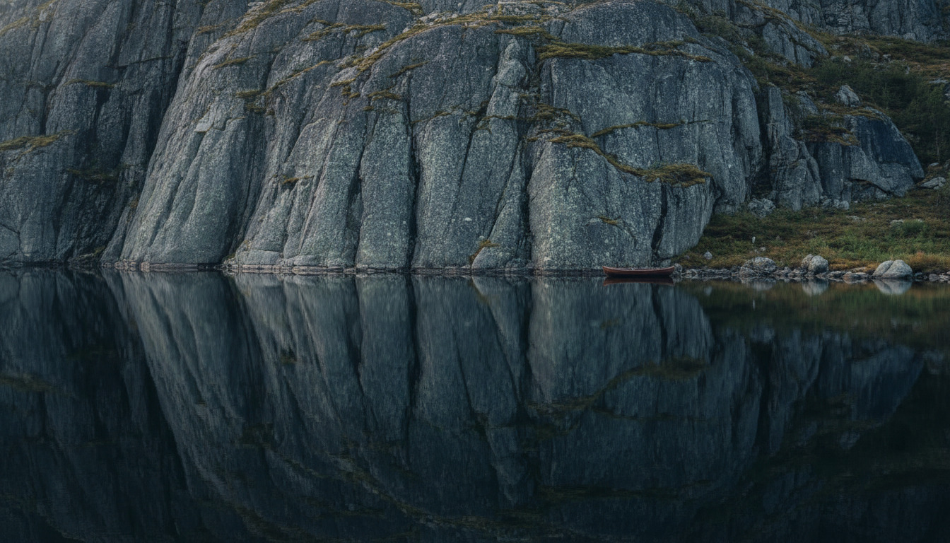 Nærbillede af grå granitsten med mosbevoksning reflekteret i stille vand med blød nordisk lys.