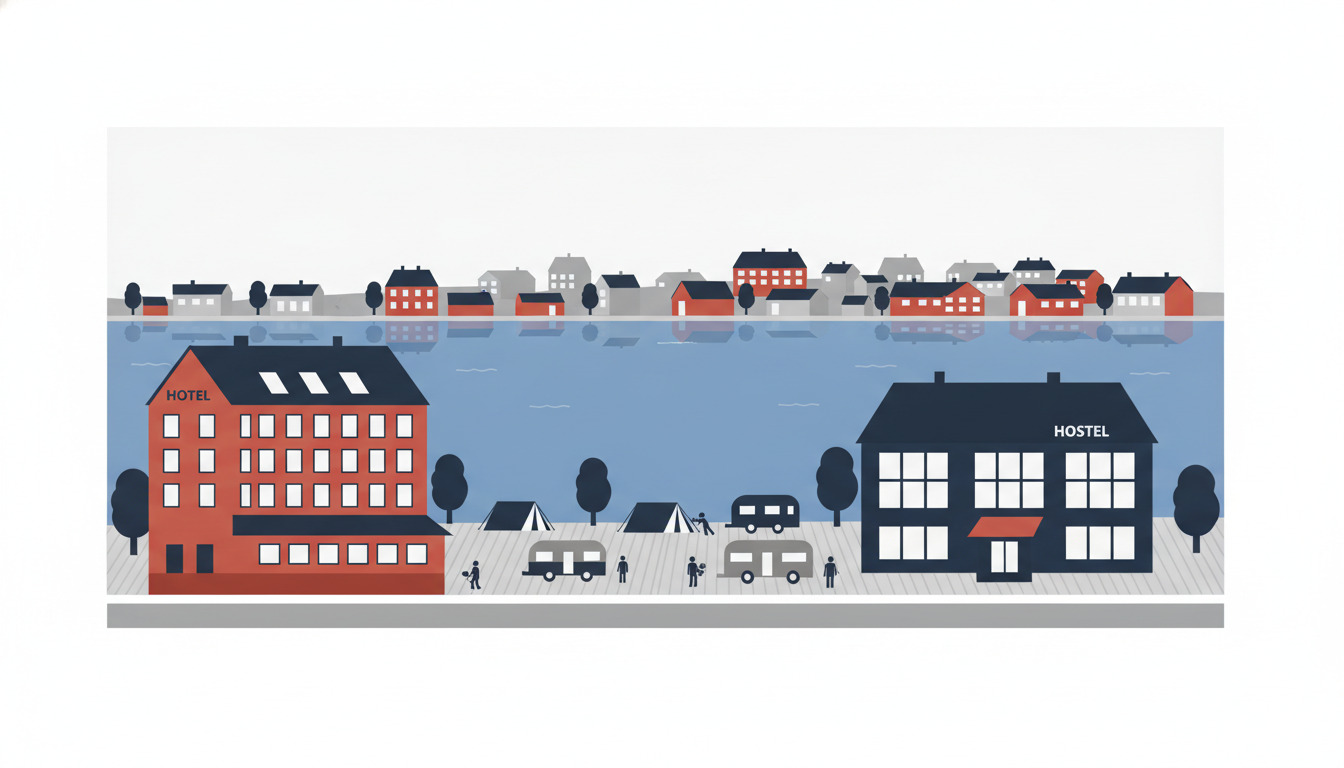 Flad vektorillustration af en søbredscene med et rødt murstenshotel med kvistloftsvinduere, campingområde med telte og campingvogne, og en mørk vandrehjem-bygning ved siden af Maribo Sø, med en boligby i baggrunden.