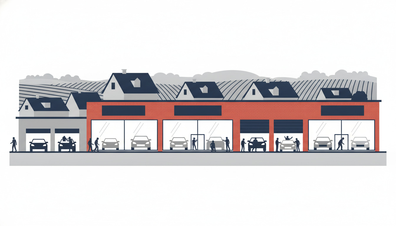 Fladt vektorillustration af en række moderne bilforhandlershow-rooms med store displayvinduer, røde mursten og grå facader, værkstedsbygninger med mekanikere og kunder, biler på pladsen foran, boligbebyggelse i baggrunden.