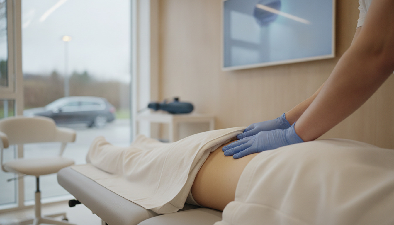Kiropraktors blåhandskede hænder udfører manipulation på en patient på behandlingsbord.