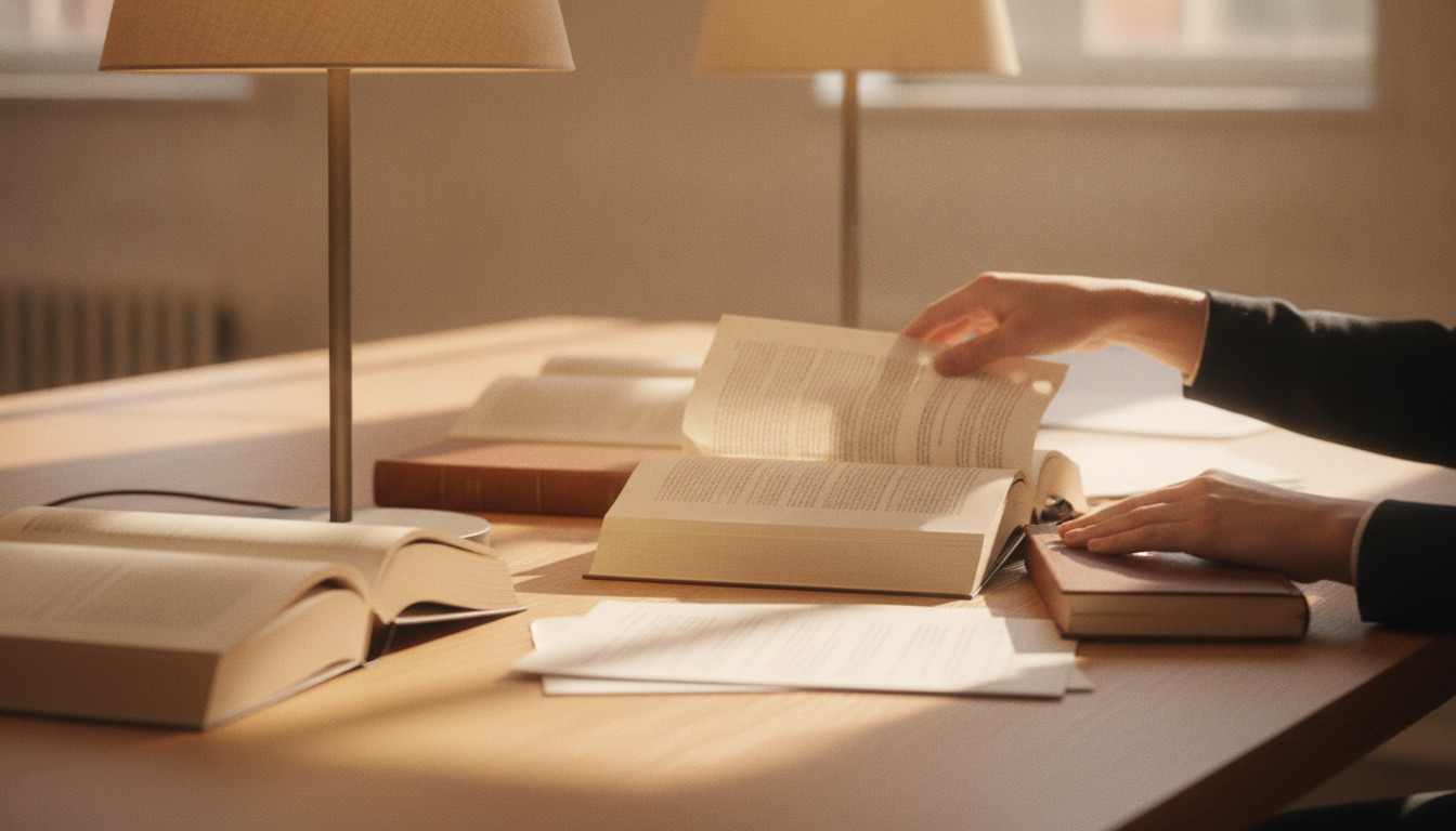 Åbne bøger og læsematerialer på træbord i biblioteksmiljø med varm lampebelysning og hænder, der bladrer i siderne.