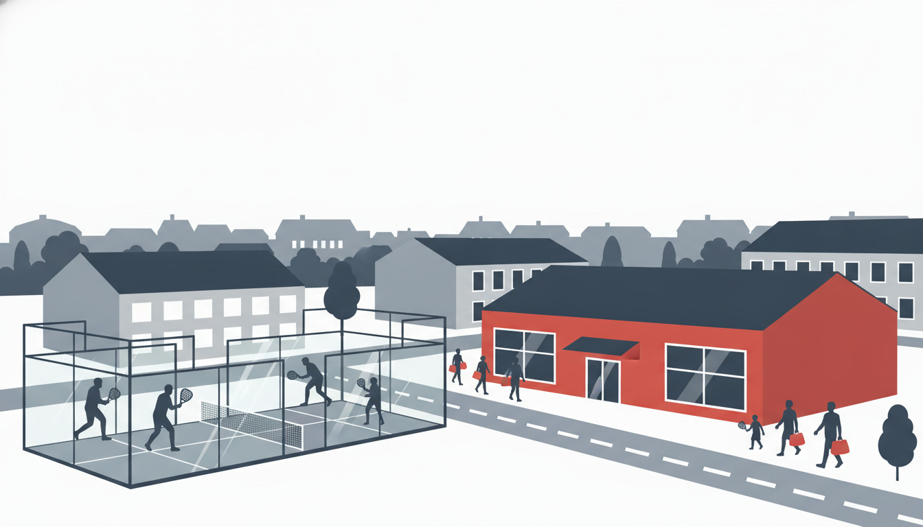 Livlig sportscene i Bording med mennesker, der spiller padel på glasbaner (til venstre), en klart rød fitnessfacilitet (til højre), forstadstaglandskab bagved, og aktive beboere, der nyder fritidsaktiviteter.