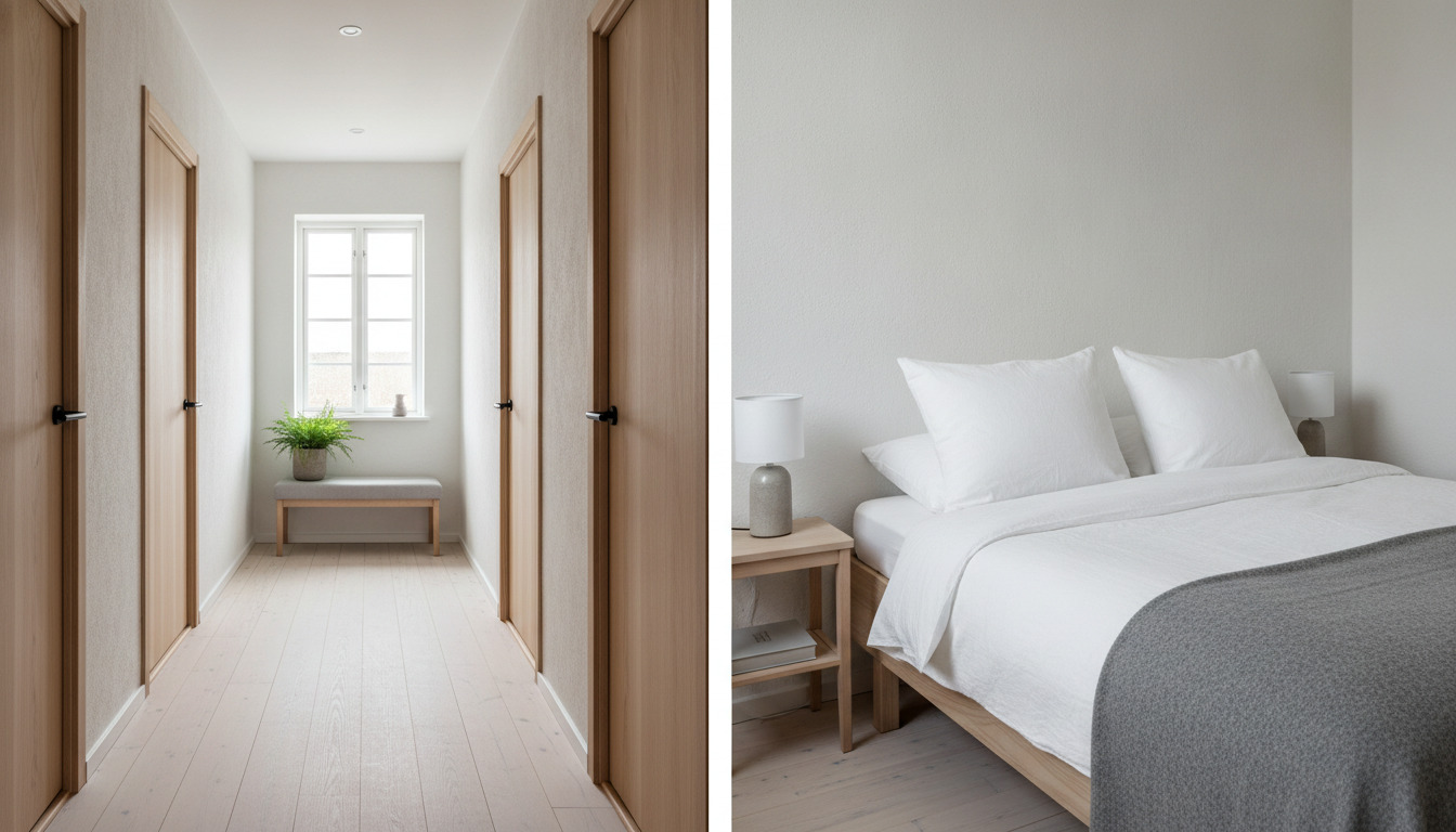 Nordisk indretning: lyst korridor med træ dørramme og lysvindue, samt nærbillede af smukt redegjort hotelsengen med hvidt linned.