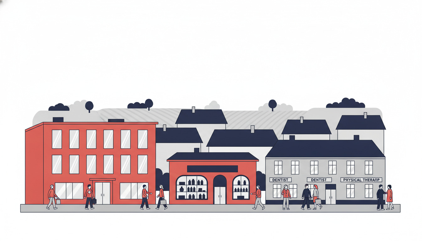 Fladt vektorgrafik af en dansk bygatescene med en rødt mursten medicinsk klinik, apotekets butiksfront med apotek-vinduer, og hvide bygninger med tandlæge- og terapi-praktikker, med mennesker der går rundt. Illustration af sundhedscenter.