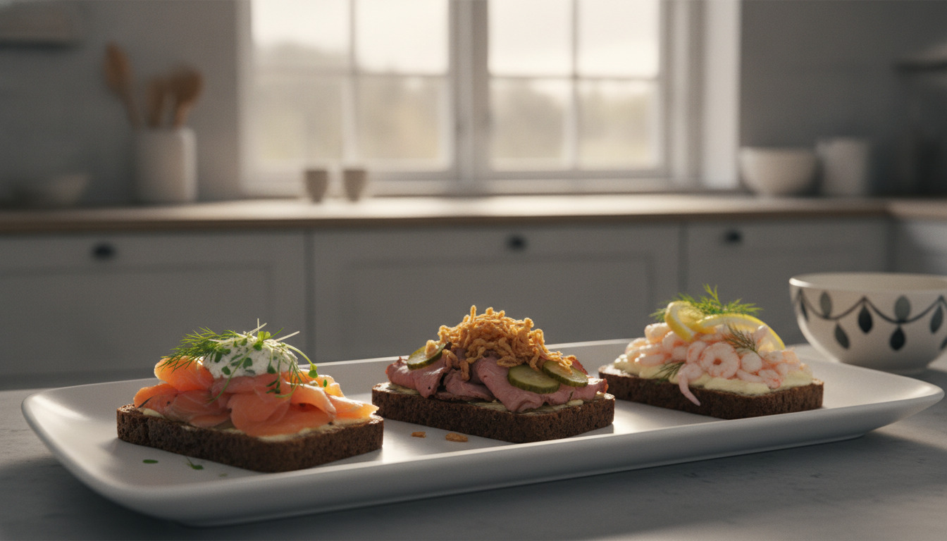 Tre danske smørrebrødstykker på hvid plade med rugbrød, påtægninger og frisk garnish i varmt naturlys.