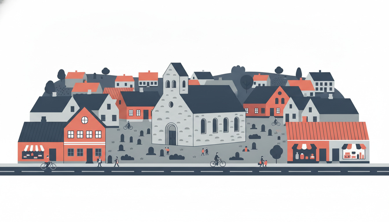 Flad vektor-illustration af dansk landsby med en romaneskkirkebygning af sten med rundbuede åbninger og klokketårn i midten, omgivet af kirkegårdsgrave, røde tegltag på huse og mennesker på en træbeplanttet gade.