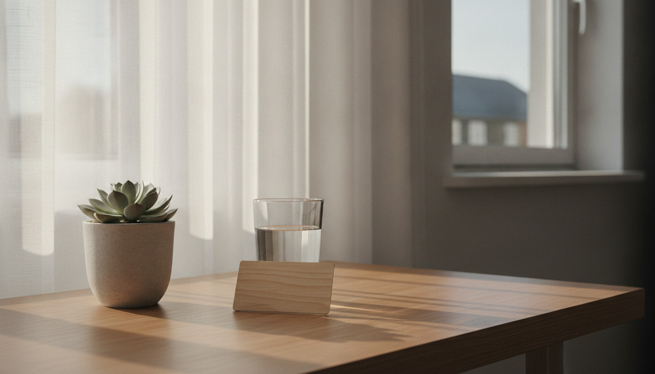 Nærbillede af hotelkelnølgle, lille succulent i potter og vandglas på træbord i Morning light.