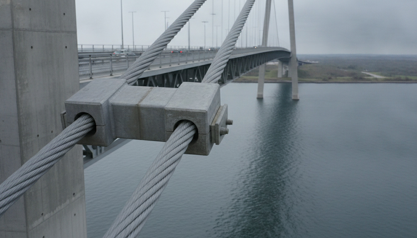 Detaljeret closeup af stålkabler og betonankre på en hengebro med vand synligt i baggrunden.