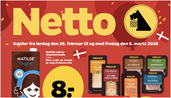 Matilde kakaoskummetmælk til 8 kr. og Yoggi yoghurt til 10 kr. hos Netto
