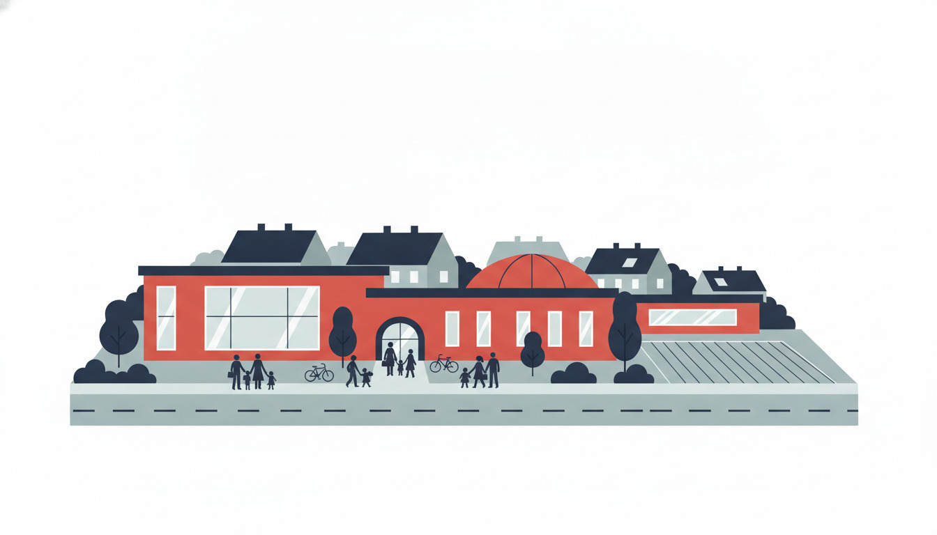 Flad vektorillustration af en modernistisk rød skolebygning med omkringliggende bytagtekstrukturer, elever og familier i forgrunden, men uden tydelige gymnastik- og puljeanlæg.