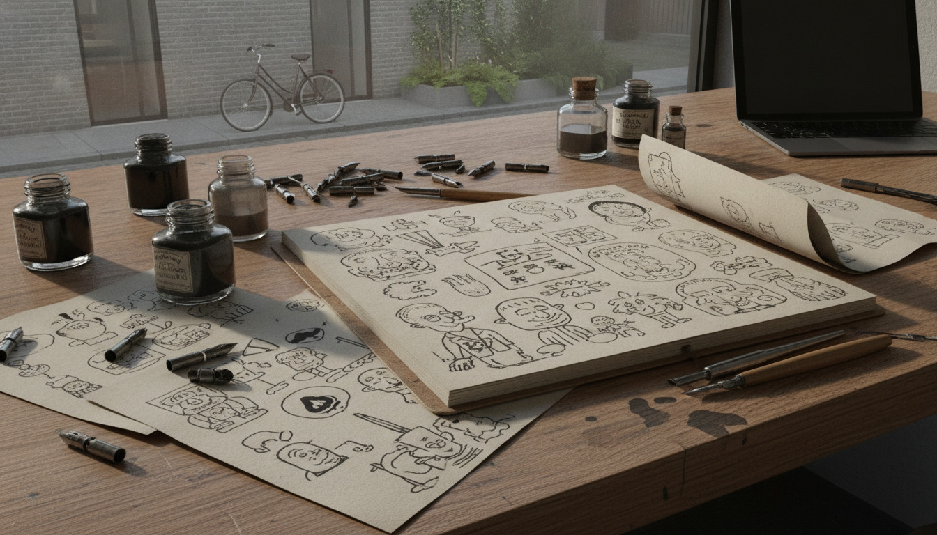 Kunstnerens arbejdsbord med blækflasker, pensler, pennestreger og tegninger med karikaturer i sort blæk.