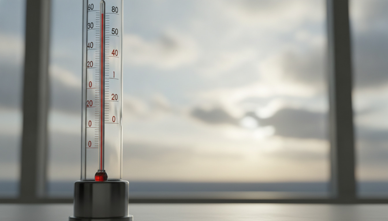 Tætslut af et termometer med skala viser temperatur, baggrund med uklar himmel og skyer.