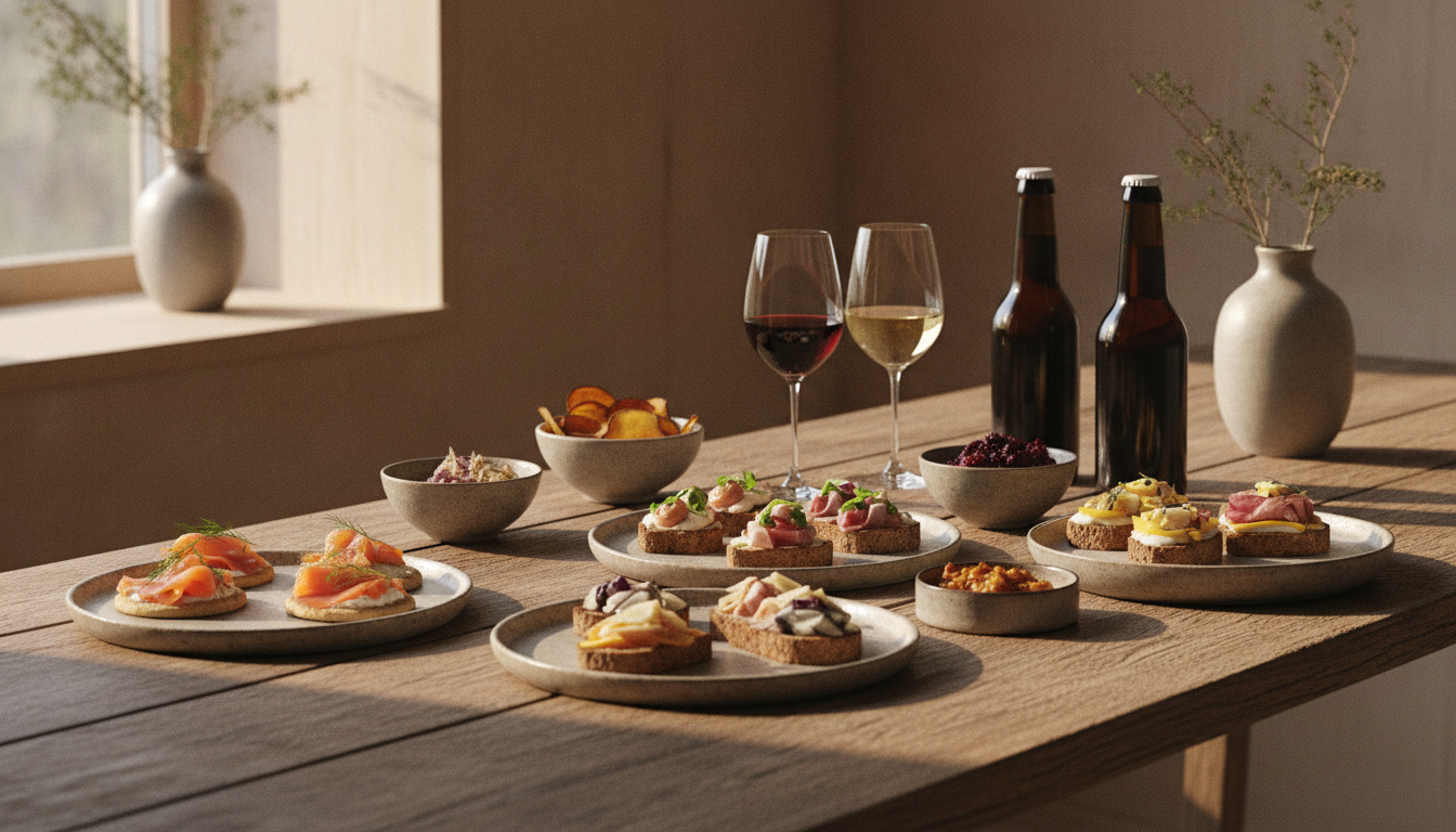 Fint anrettet tapas og småret på keramiktallerker med rødvin og hvidvin på træbord med nordisk belysning.