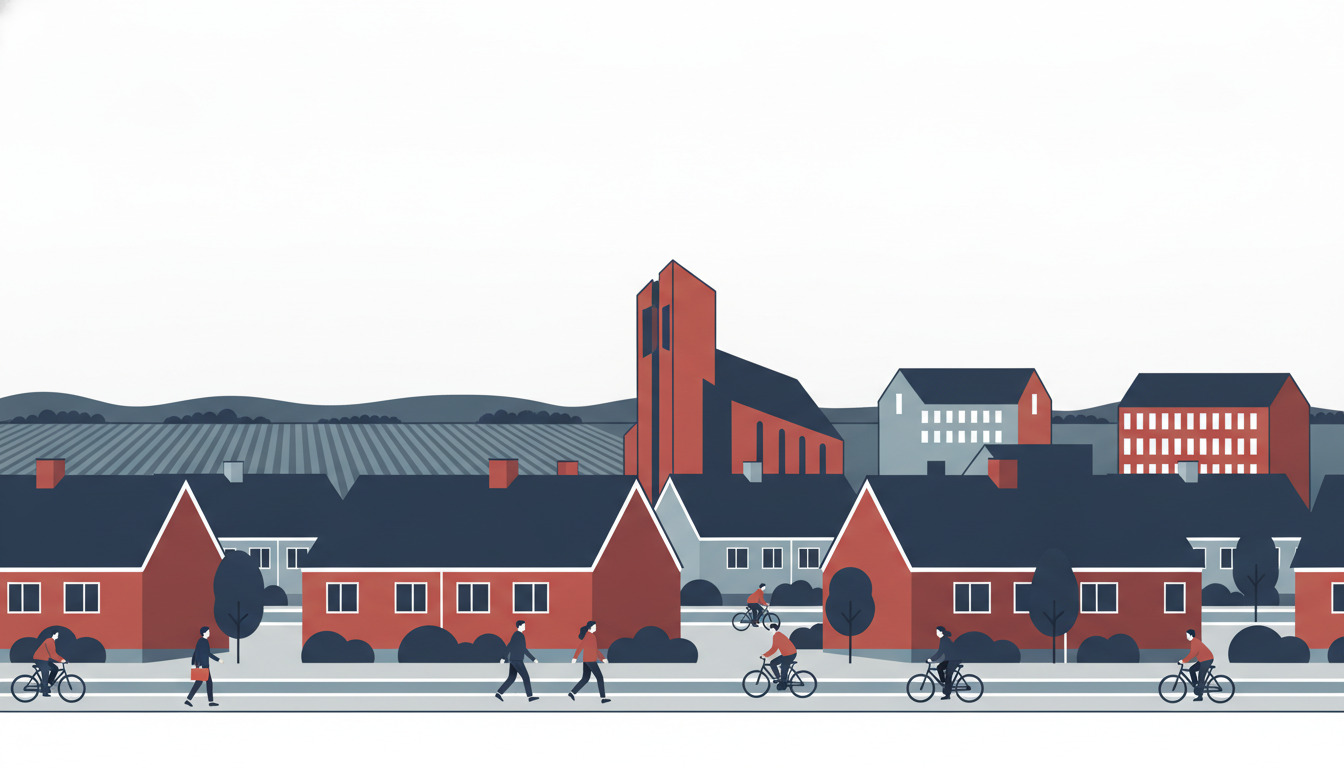 Albertslund forstadsscene med moderne flat-vector-arkitektur: cykelstier fulde af cyklister, røde teglstenshuse til beboelse, den samtidsarkitektoniske Opstandelseskirken med høj tårn, træbeplantede stier og rullet grønt landskabshorisont.
