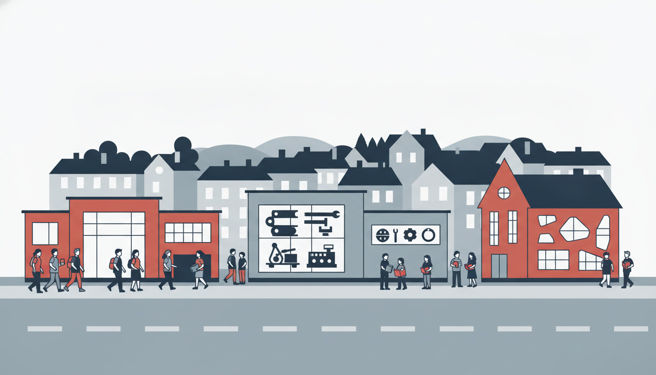 Flad vektorillustration af uddannelsesbygninger i Fredericia: et rødt gymnasium med store vinduer, en grå teknisk skole med værksteddiagrammer, og en rød friskole, med mangfoldige studerende udenfor og karakteristisk bylandskab i baggrunden.