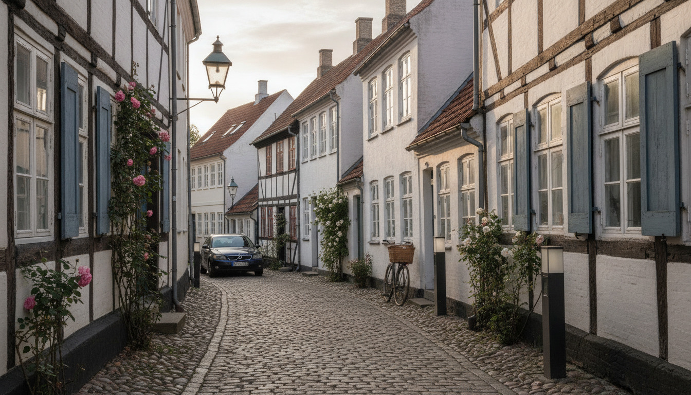Tæt optagelse af gamle granitsten og klatreroser mod hvitmalet gavl med bindingsværk.
