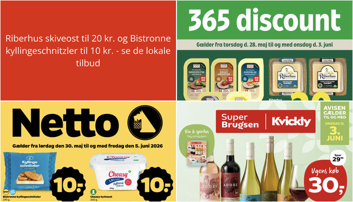 Riberhus skiveost til 20 kr. og Bistronne kyllingeschnitzler til 10 kr. - se de lokale tilbud