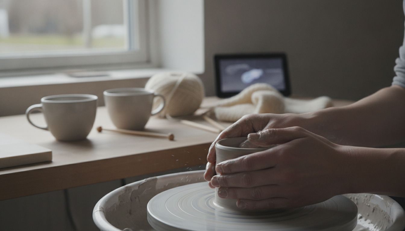 Hænder former fugtig lerskål på drejeskive med kaffe og strikketøj uskarp i baggrunden.