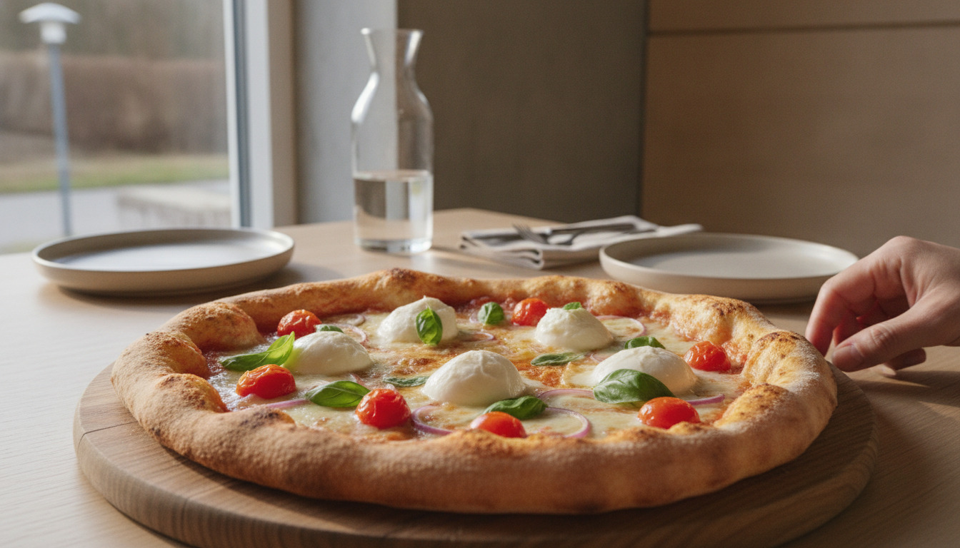 Frisk pizza med mozzarella, tomat og basilikum på træbræt med hånd, der når efter den.