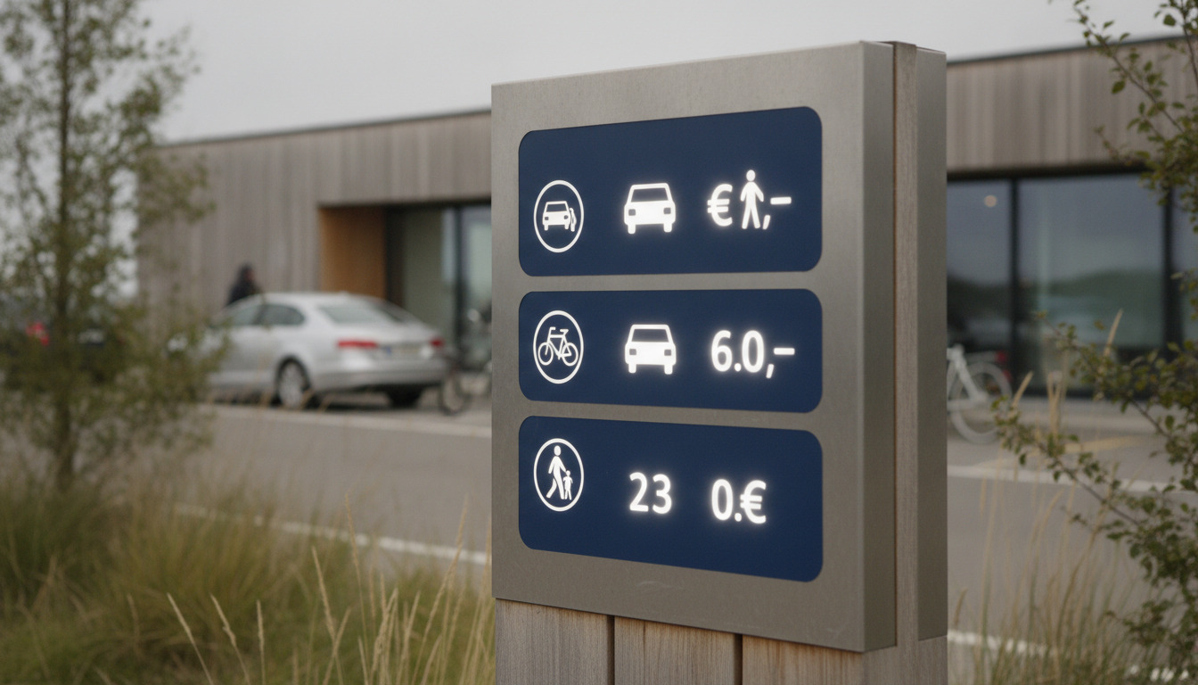 Færgebillet med priser for bil, cykel og fodgænger på et informationsskilt.