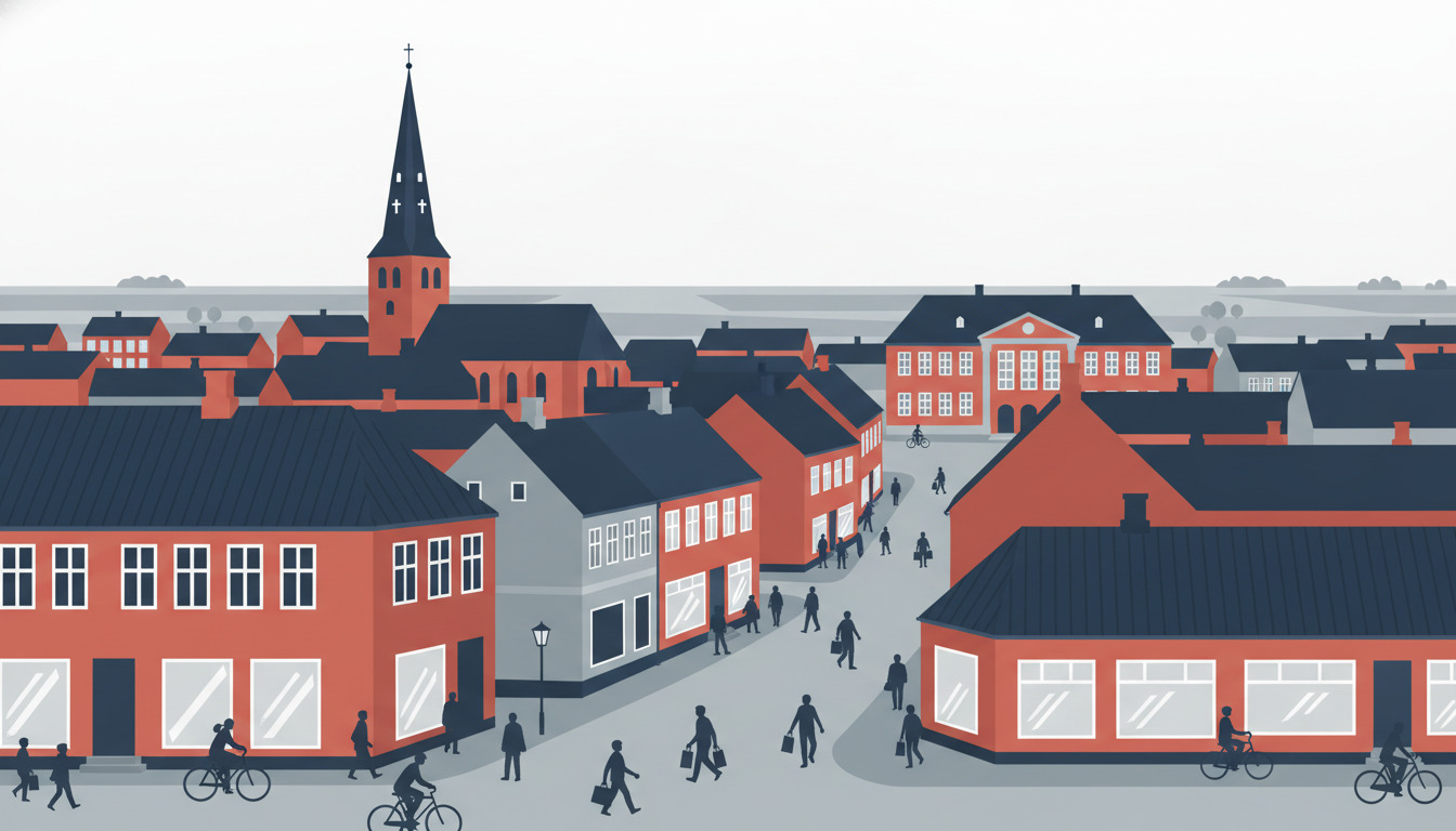 Flad vektorillustration af Tønders bycentrum med røde mursten bygninger, en kirketorn der stiger centralt op, og fodgængere og cykelryttere på torvet. Karakteristiske spidse tage og det flade Sønderjylland-landskab strækker sig til horisonten.