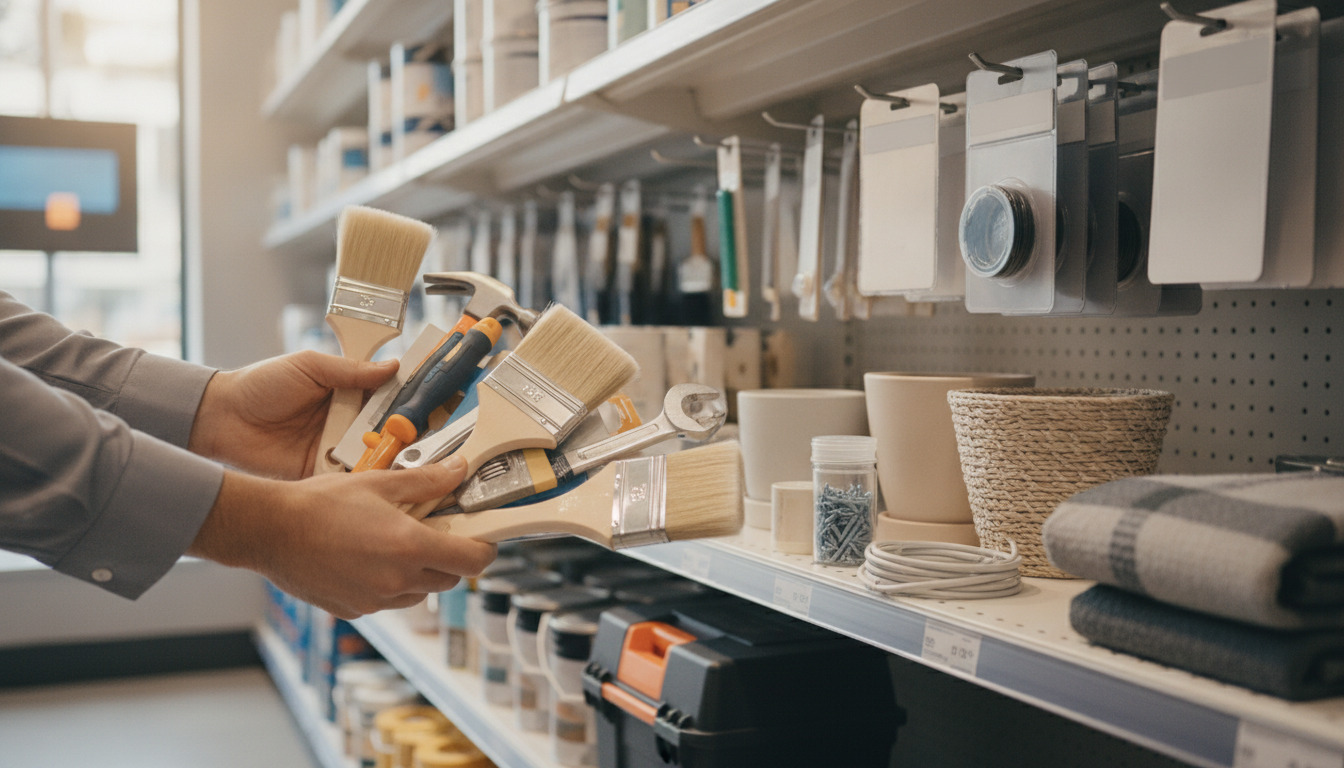 Hænder holder forskellige DIY-værktøjer og penselkostumer foran utydeligt hyldekontekst i en butiksmiljø.