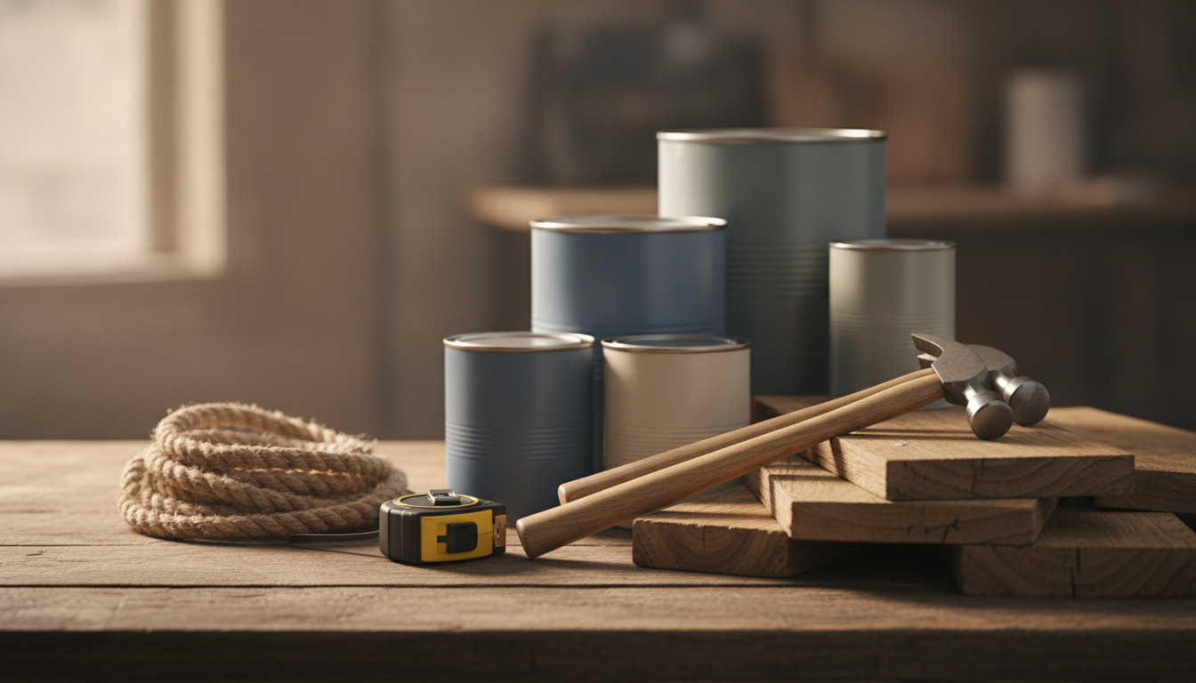 Nærbillede af arbejdsbænk med maling, træplanker, hammer, målebånd og byggematerialer i naturligt lys.