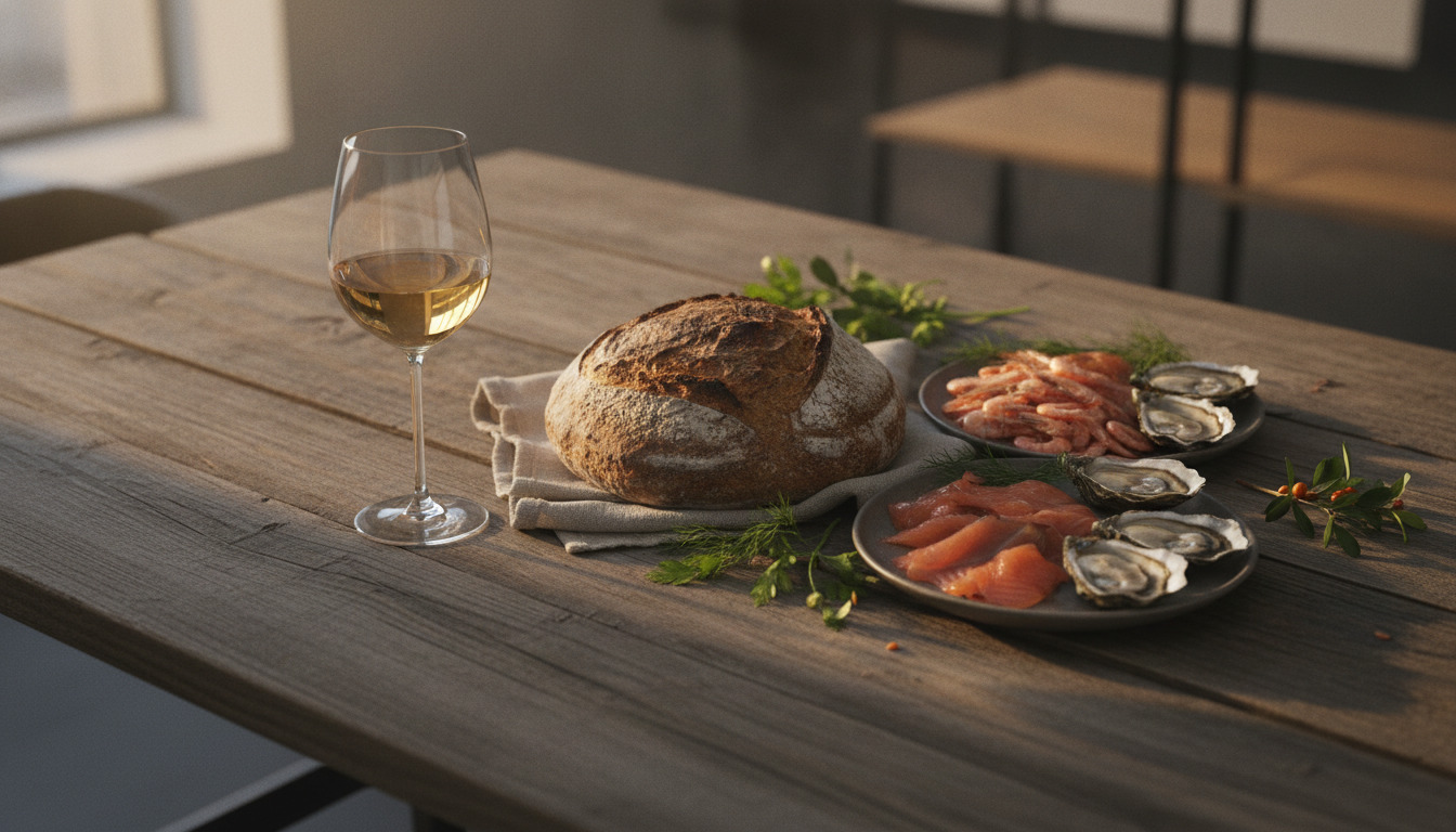 Tæt optagelse af rustikt træbord med dansk rugbrød, fisk, østers, urter og hvidvinsglas i gyldent lys.
