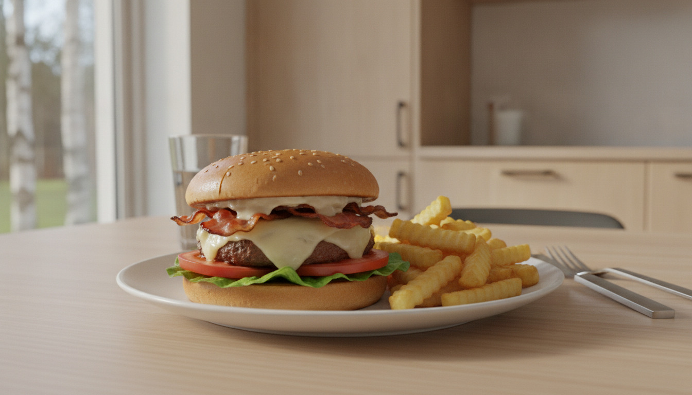 Tætere billede af en burgermenu med ost, bacon, salat og tomater samt pommes frites på en hvid tallerken.