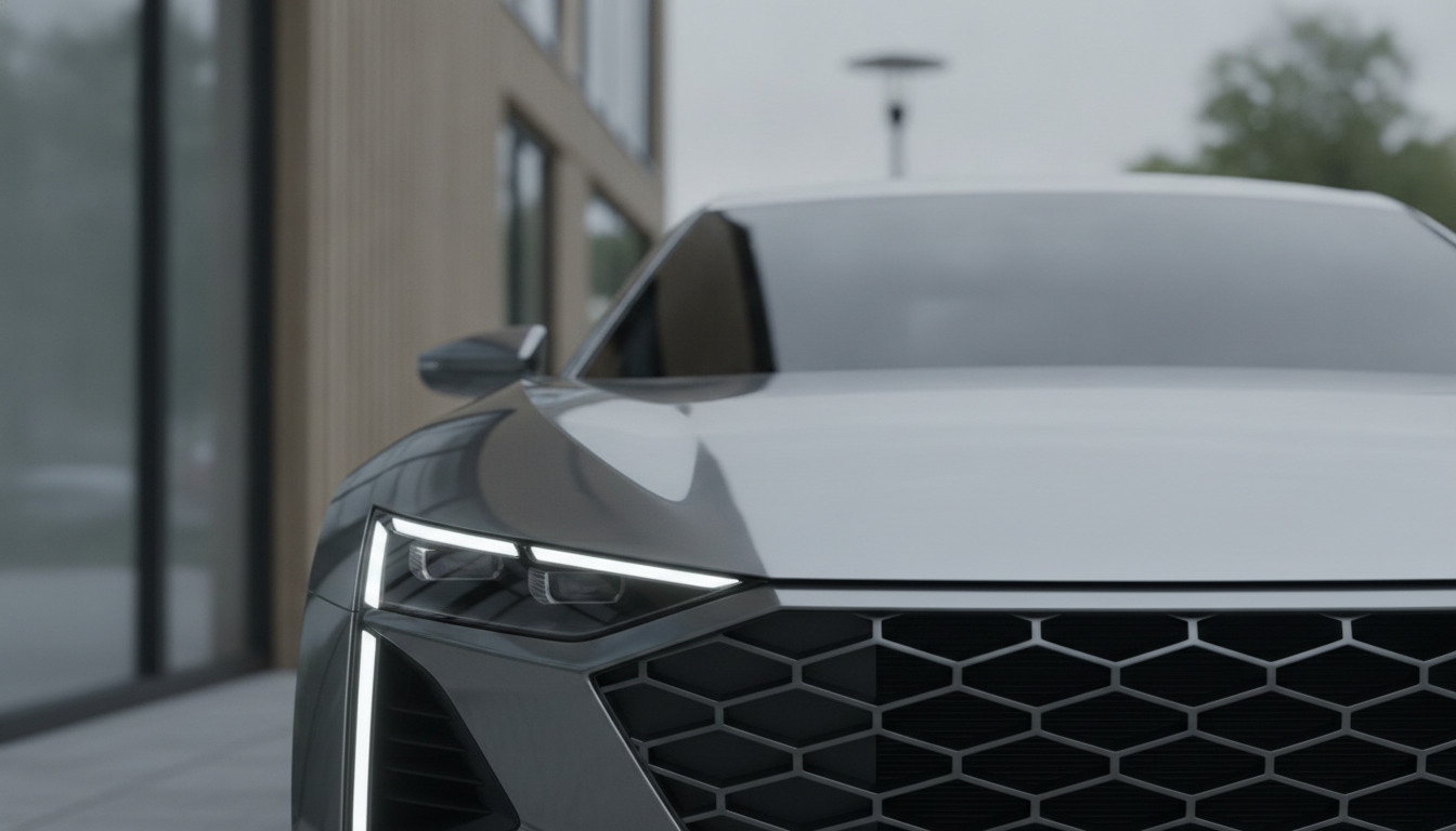 Nærbillede af moderne bilkoplinger og LED-forlygte på et stilrent køretøj med metalglans.
