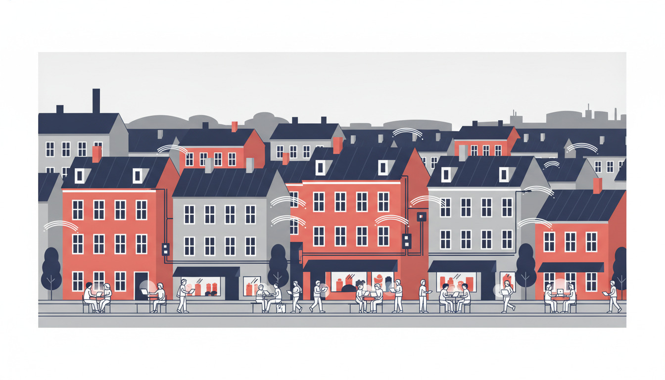 Dansk gadescene med røde mursten- og lysefarvede lejlighedsbygninger, mørke tagsten og mennesker på en fortov. Generisk byillustration uden synlig bredbåndsinfrastruktur eller digitale forbindelseselementer.