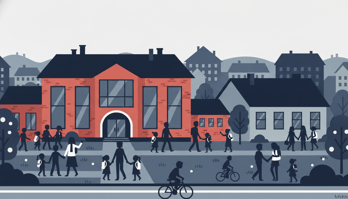 Flad vektorillustration af en venlig skolebygning med koralrød mursten facade, store vinduer og moderne indgang, omgivet af silhuetter af børn og familier, der ankommer til skoledagen i en dansk byplads.