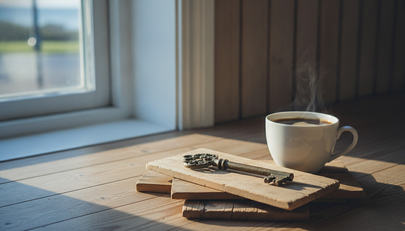 Tætbillede af antik nøgle på træplader ved kaffekop i morgensolskin.