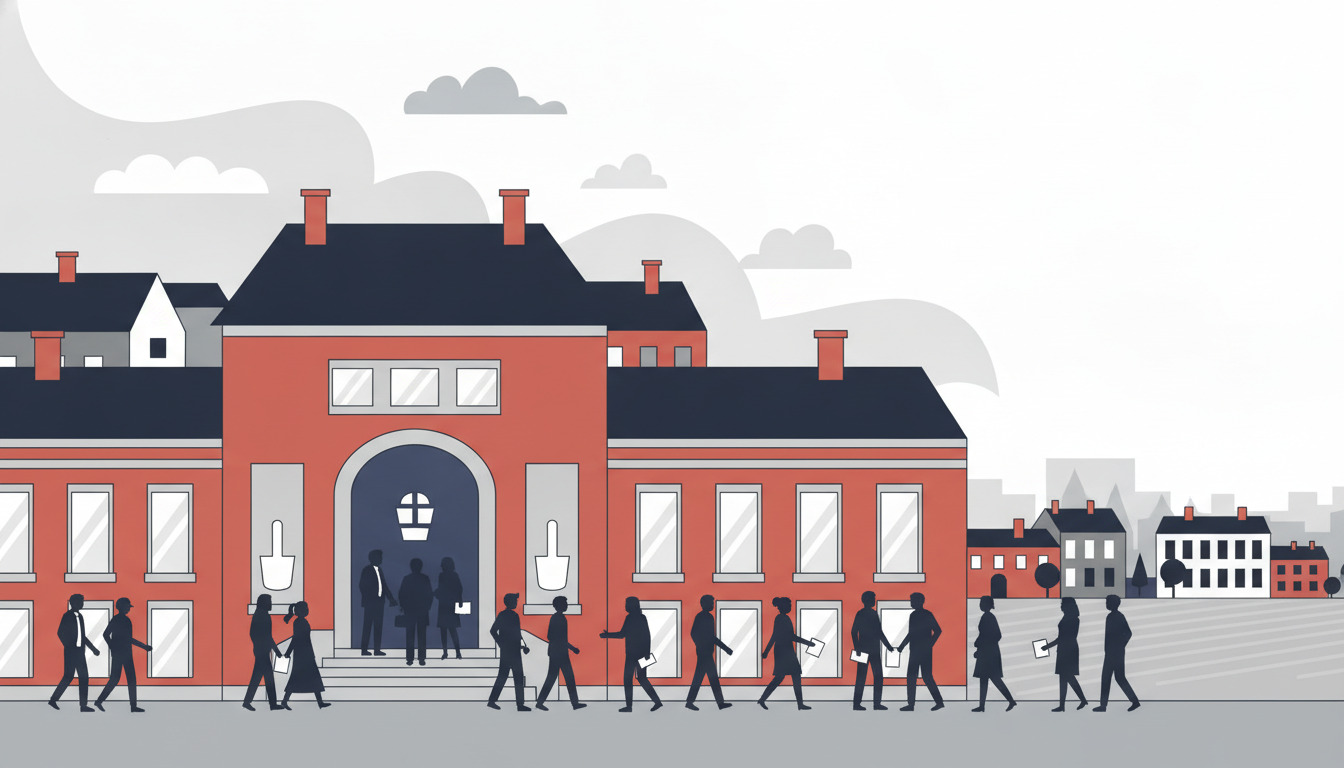 Fladvektor-illustration af en rød-mursten kommunal bygning med arkadindgang, store vinduer og skorstene. Forskellige borgere i silhuet nærmer sig og går ind, hvilket repræsenterer samfundets adgang til kommunale services.