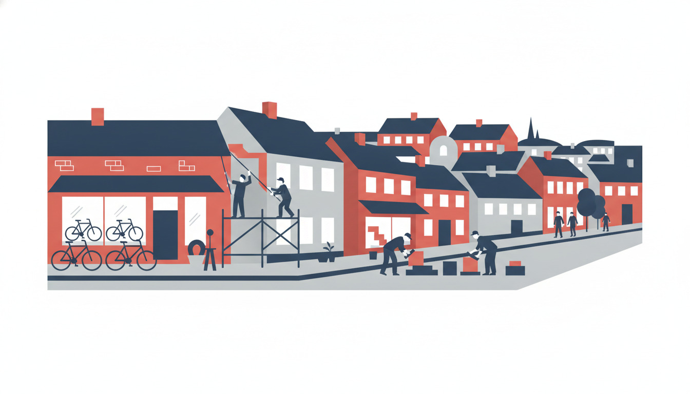 Flad vektorillustration af Allinge bycenter med røde teglstensbygninger, en cykellejebutik med cykler til udstilling, arbejdere på stillads, og servicemedarbejdere, der udfører opgaver langs en gade med karakteristiske nordiske tage.