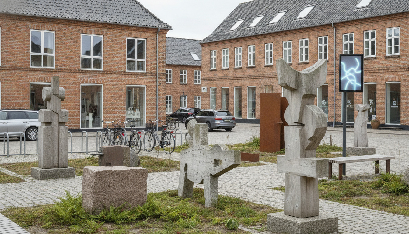 Abstrakte kunstinstallationer og træskulpturer på stenbelægning i en åben plads.