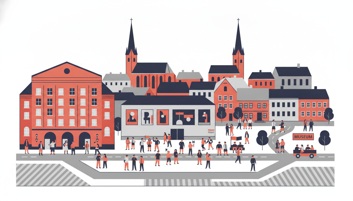 Livlig kulturel scene i Næstved med teaterfacade, museum med udstillingsvinduer, festivalgængere på torvet, middelalderlige kirketårne og historiske bygninger i baggrunden.