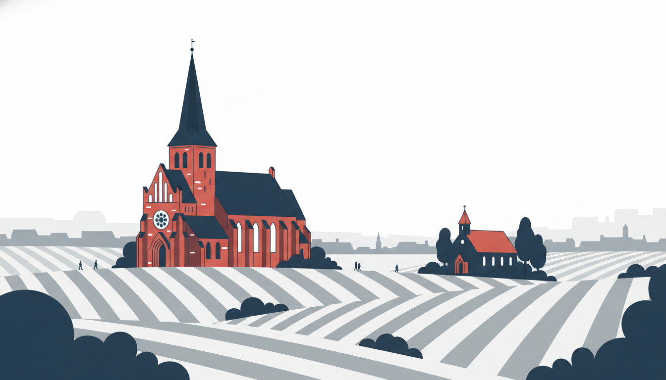 Fladt vektorillustration af to røde murstenskirker i snedækket Ryomgård landsby: en stor gotisk kirke med spids tårn og prangende vinduer, og et mindre kapel med tårn, omgivet af vinterlandskab med marker og træer.