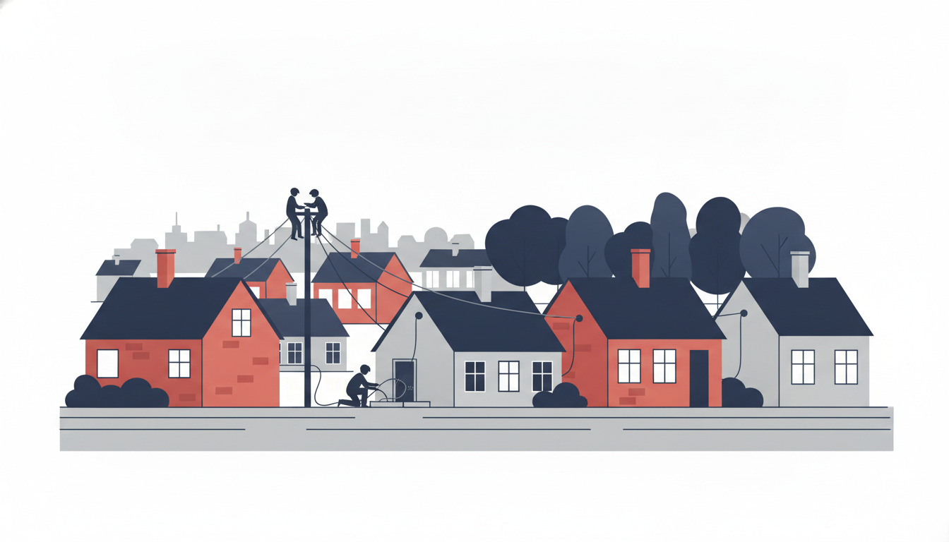 Stiliseret illustration af en boligvej i Ejstrupholm med røde og grå huse, teknikere der arbejder på infrastruktur, og stolper langs gaden, som repræsenterer bredbånds- og fibernetværksinstallation i kvarteret.