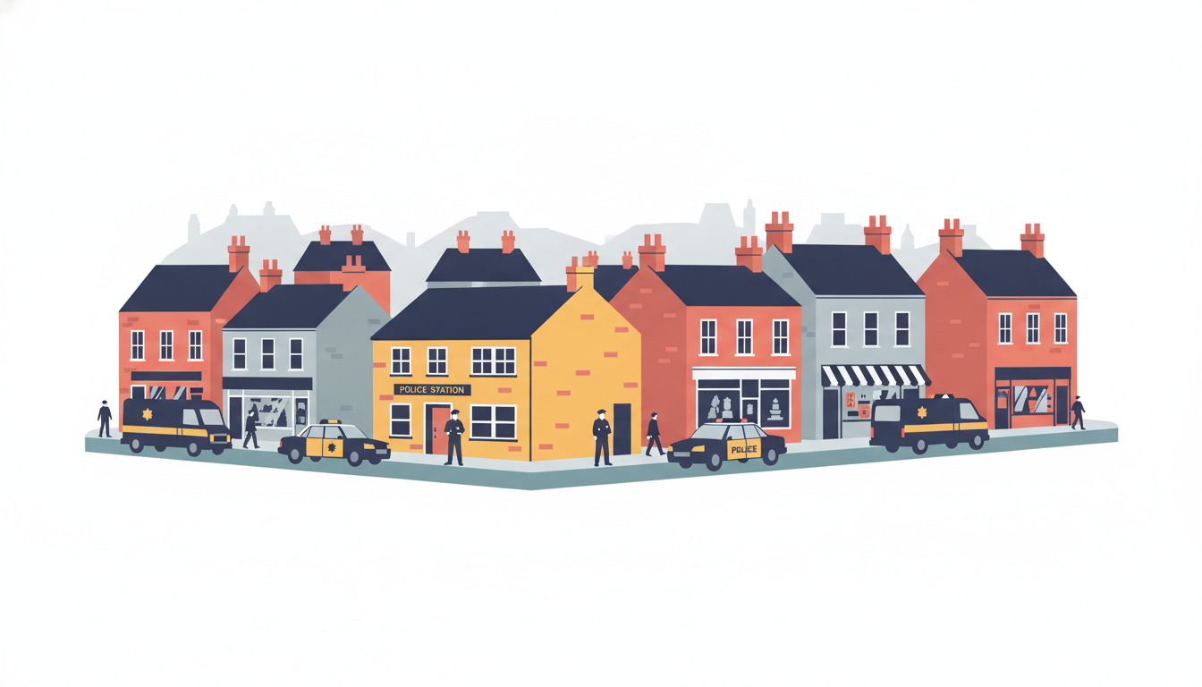 En flad vektor-illustration af en dansk bystræde med en fremtræden-de gul politistation, biler til nødhjælp, betjente og historiske røde og marineblå huse med skorstene.