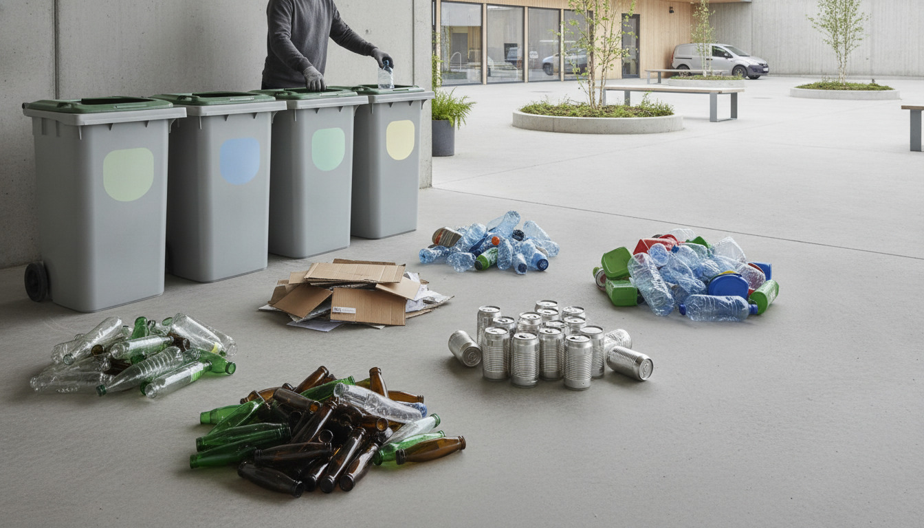 Sorterbare materialer — glasflasker, plastbeholdere, metal- og papkartoner — organiseret i separate dynger på betongulv.