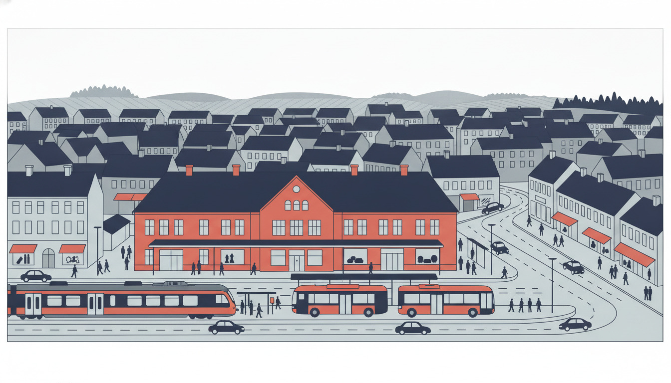 Haderslev transportknutepunkt med regionaltoget, bysbusser og biler på en moderne vej, med den røde stationsbygning og boligområde i baggrunden.