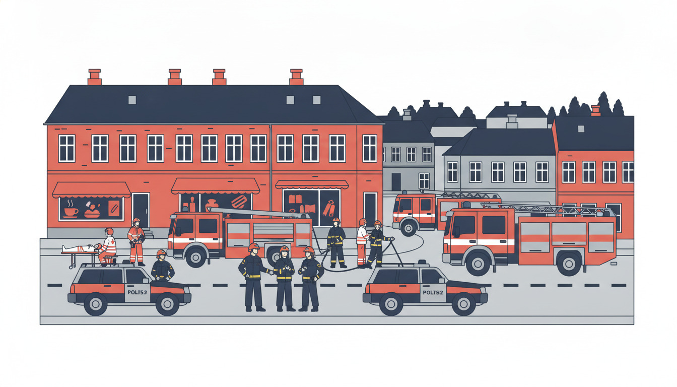 Fladt vektorillustration af emergency responders i Give: politibiler og brandvogne med uniformerede brandmænd, politibetjente og paramedics i koordineret indsats på gaden foran røde og grå bygninger.