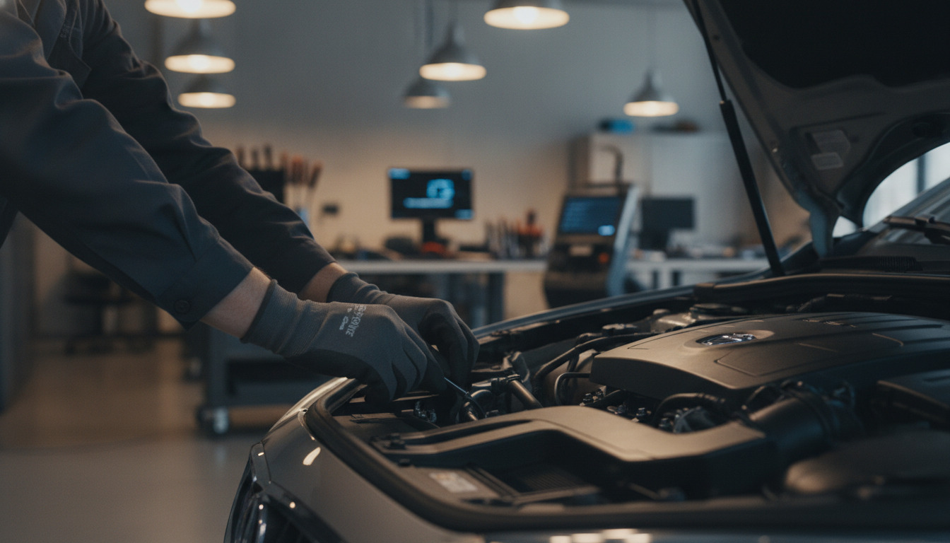 Mekanikerhænder i arbejdshandsker justerer motorkomponent under varmhvidt arbejdslys.