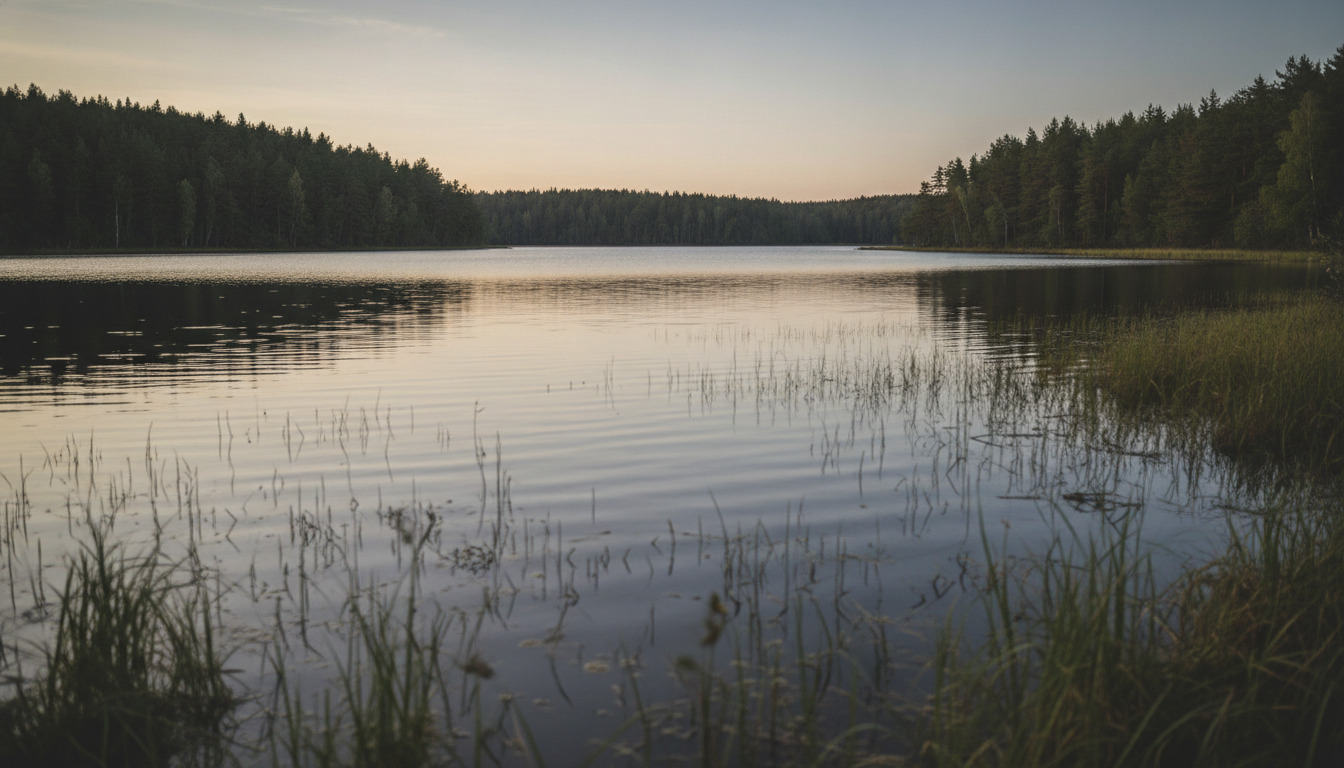Nærbillede af stille søvand med sivplanter og blidt gylden lys, generisk nordisk naturscene.