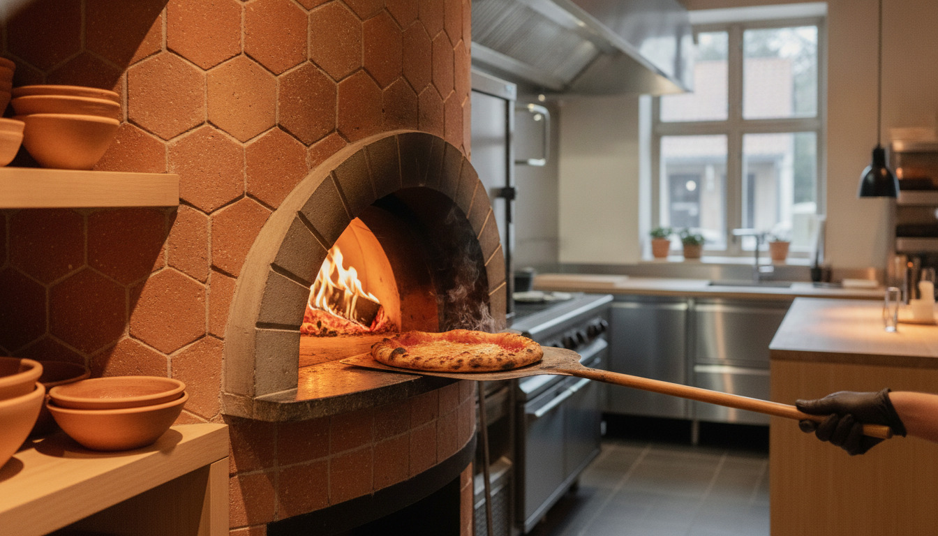 Træbrendt pizzaovn med flammer og en pizza på en træ-skuffe, varmt lys på terracotta-fliser.