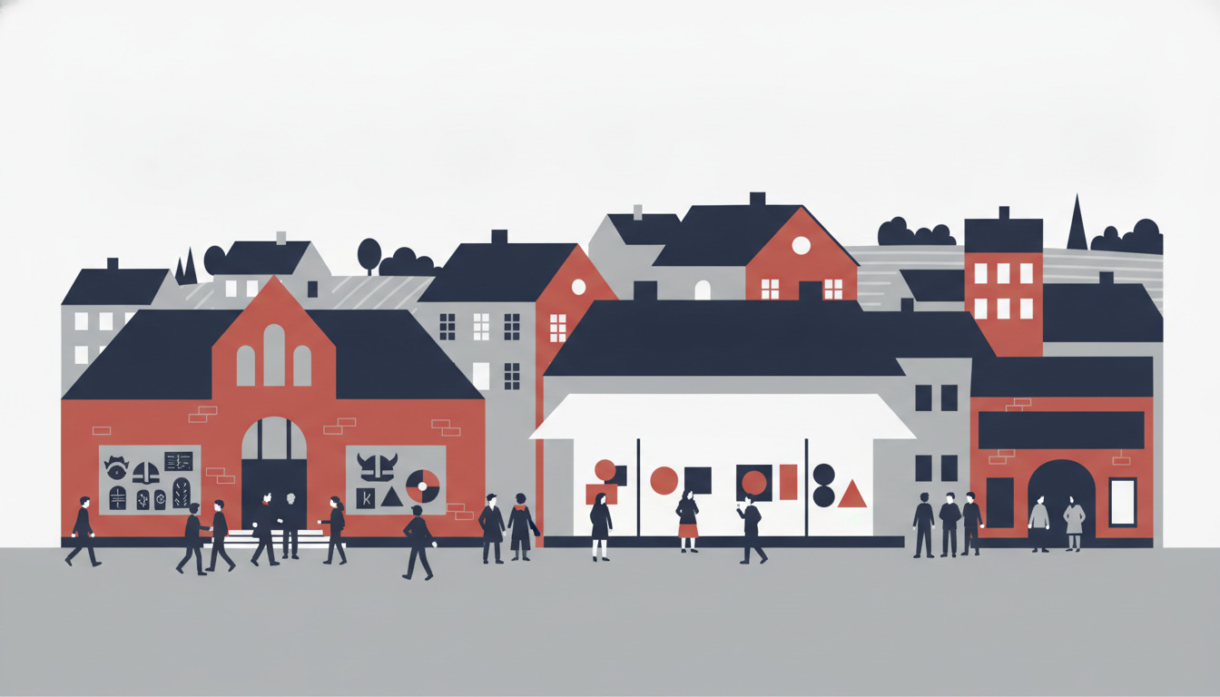 Fladt vektorillustreret dansk bykulturelt knudepunkt med rødt mursten museum, der viser vikingeartefakter, hvidt gallerilokale med farverig abstrakt kunst, rødt biograf-/teaterbygning, borgere, der ser rundt og samles, karakteristiske mørklagte huse i blød baggrund.
