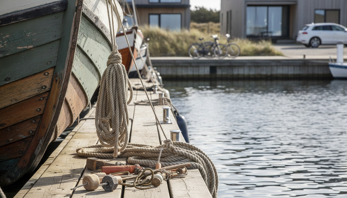 Tætklip af dun og tau på en soligt bådhavn, med bådhul og maritime udstyr i uskarp baggrund.