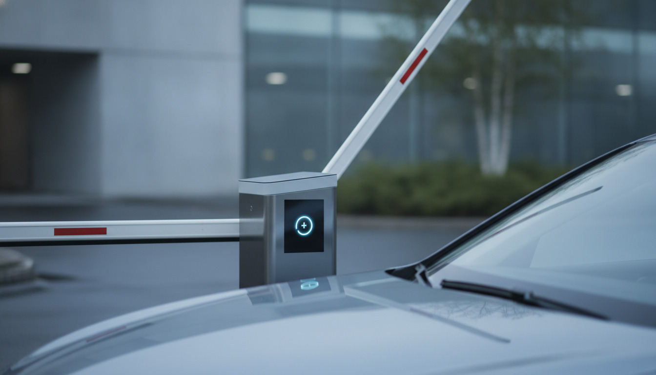 Tæt billede af en bil ved indkørsel til parkeringsfacilitet med elektronisk adgangssystem i skandinavisk stil.