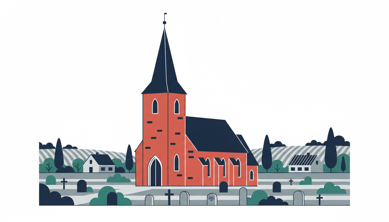 Flad vektorillustration af en dansk sognekirke med røde mursten, høj mørk spir, buede vinduer og dørindgang, omgivet af en kirkegård med gravstene, grønne hække og landligt område med huse og cypresprætræer i blød baggrund.